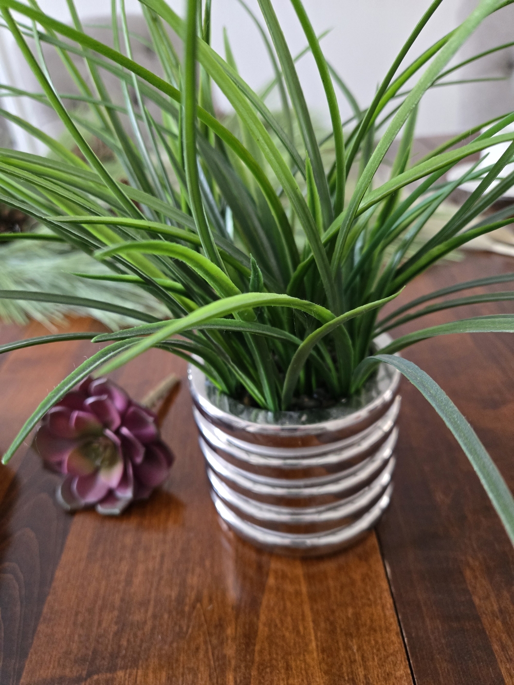 Green Faux Grass Plant in Silver Ribbed Planter - Unbranded